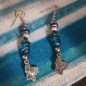 Silver and Blue Butterfly Dangle Earrings